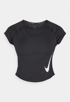 Black short-sleeve athletic t-shirt made of smooth, stretchy fabric. Features a white Nike swoosh logo on the left side.