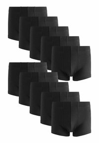 Schwarze Baumwoll-Boxershorts mit glatter Textur und breitem elastischem Bund. Vorder- und Rückseiten-Designs sind bei allen Artikeln einheitlich.