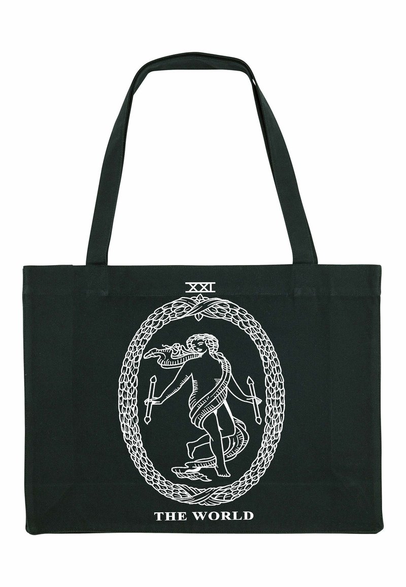 Borsa tote nera con una grafica bianca di una figura con un animale, circondata da un bordo ornato e con il testo "IL MONDO" in fondo.