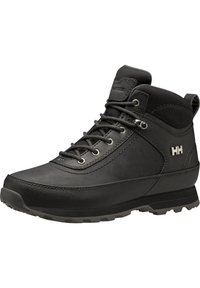 Czarne buty trekkingowe wykonane ze skóry i materiałów syntetycznych. Wyposażone w mocne sznurowadła, wyściełany kołnierz oraz solidną podeszwę dla lepszej przyczepności.