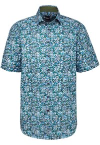 Kurzarmhemd in Teal- und Blaublütenmuster mit kunstvollen Mustern; verfügt über einen button-down Kragen und eine glatte Stoffstruktur.