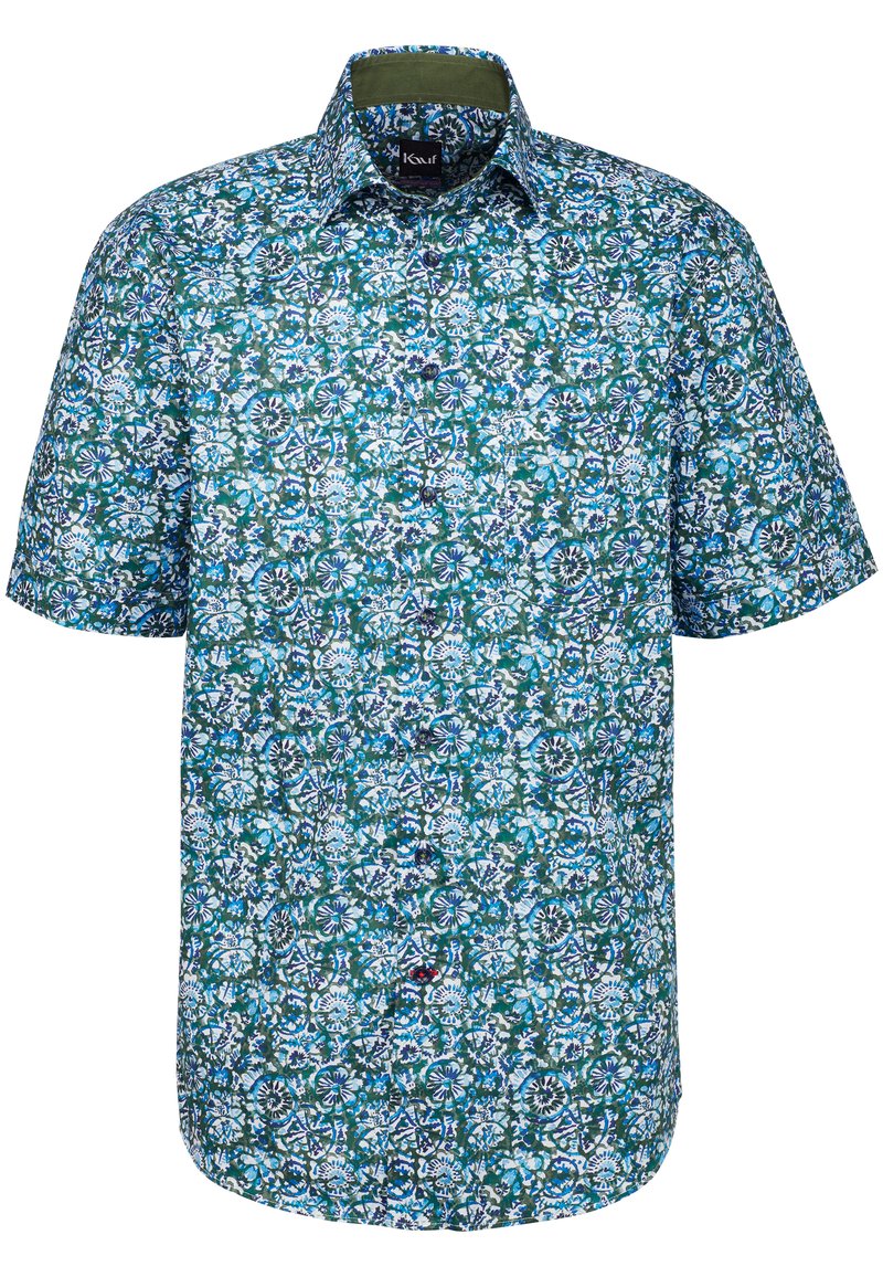 Kurzarmhemd in Teal- und Blaublütenmuster mit kunstvollen Mustern; verfügt über einen button-down Kragen und eine glatte Stoffstruktur.
