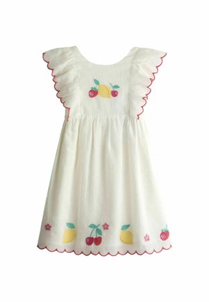 Biała bawełniana sukienka z falbaniastymi rękawami o falistym wykończeniu, zdobiona haftem owoców (cytryny, wiśnie, truskawki) oraz ozdobnym dołem.