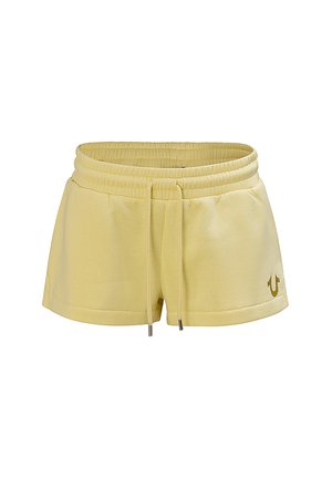 Hellgelbe Shorts mit elastischem Bund, Kordelzug und kleinem gesticktem Logo am unteren linken Bein.