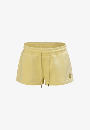 Hellgelbe Shorts mit elastischem Bund, Kordelzug und kleinem gesticktem Logo am unteren linken Bein.