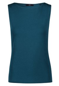 Bezramiączkowy top w odcieniu teal, wykonany z lekkiego materiału. Posiada dekolt łódkowy oraz gładką, lekko elastyczną teksturę. Brak widocznych akcentów.