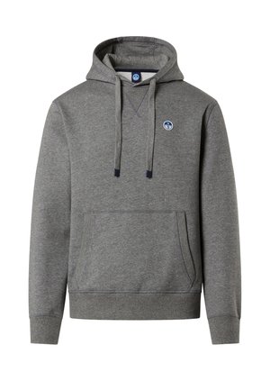 Felpa con cappuccio grigia in tessuto misto cotone. Presenta una tasca a marsupio, cappuccio con coulisse e un piccolo logo blu sul petto.