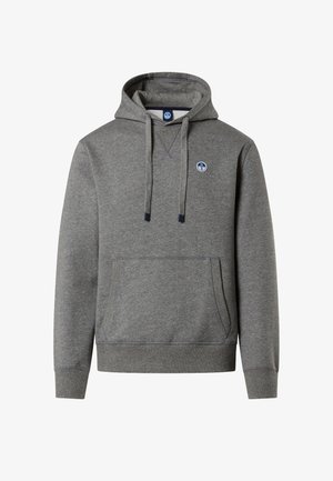 Felpa con cappuccio grigia in tessuto misto cotone. Presenta una tasca a marsupio, cappuccio con coulisse e un piccolo logo blu sul petto.