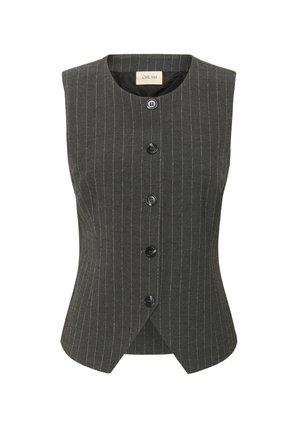 Vesta gri cu dungi fine, cu un design ajustat, având un guler rotund și șase butoane negre pe față. Textură netedă și formă adaptată.