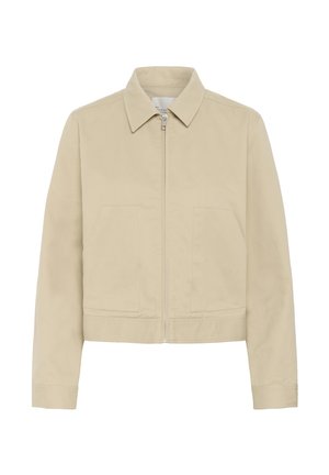 Bež jakna z zadrgo, z dvema sprednjima žepoma, dolgimi rokavi in koničastim ovratnikom, prikazana na belem ozadju.