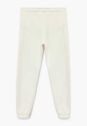 Pantalones de chándal blancos con un ajuste relajado, cintura elástica y puños fruncidos. Hechos de una tela suave con una textura lisa. Dos bolsillos traseros.