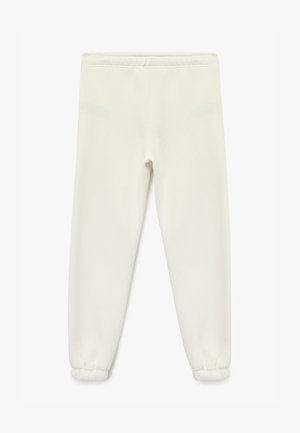 Pantalones de chándal blancos con un ajuste relajado, cintura elástica y puños fruncidos. Hechos de una tela suave con una textura lisa. Dos bolsillos traseros.