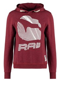 Sweat à capuche bordeaux avec graphique abstrait texturé blanc et texte "RAW" sur le devant, poignets et ourlet côtelés, et capuche avec cordon de serrage.