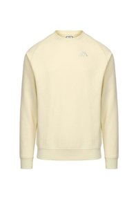 Felpa a girocollo gialla chiara con polsini e orlo a coste, caratterizzata da un piccolo logo bianco sul lato sinistro del petto. Tessuto morbido, design minimale.