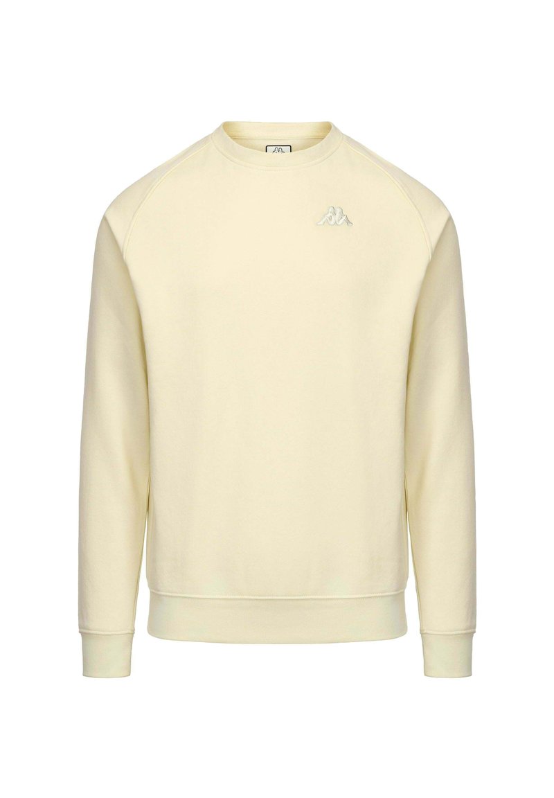 Felpa a girocollo gialla chiara con polsini e orlo a coste, caratterizzata da un piccolo logo bianco sul lato sinistro del petto. Tessuto morbido, design minimale.