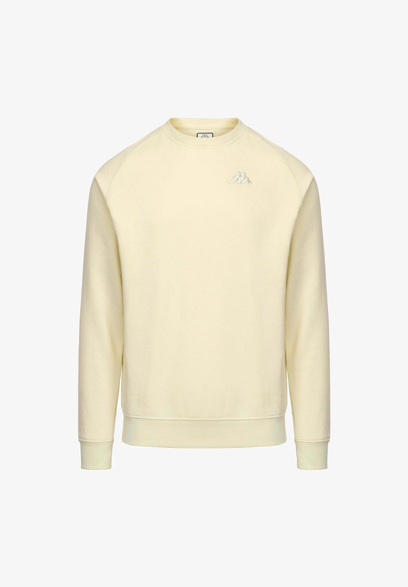 Felpa a girocollo gialla chiara con polsini e orlo a coste, caratterizzata da un piccolo logo bianco sul lato sinistro del petto. Tessuto morbido, design minimale.