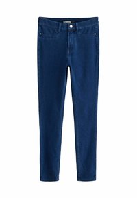Jeans ajustados en denim azul oscuro con cinco bolsillos, un botón frontal y cremallera. Textura suave con un ligero brillo.