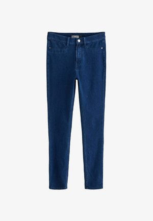 Jeans ajustados en denim azul oscuro con cinco bolsillos, un botón frontal y cremallera. Textura suave con un ligero brillo.
