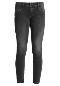 Schwarze Skinny Jeans aus Denim mit einem verwaschenen Look, Fünf-Taschen-Design, Gürtelschlaufen und einem Reißverschluss mit Knopfverschluss.
