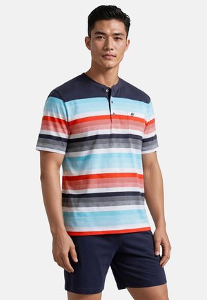 Gestreiftes Baumwollhemd mit kurzen Ärmeln in Blau-, Rot- und Grautönen, mit knöpfbarem Ausschnitt und kleinem Logo auf der Brusttasche.