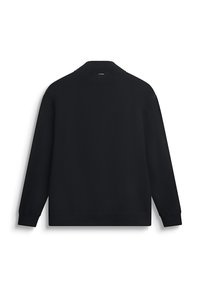Suéter negro de manga larga con cuello, que presenta puños y dobladillo acanalados. Textura suave con un diseño minimalista, sin patrones o herrajes adicionales.