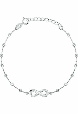 Sølvarmbånd med et uendelighedssymbol som midtpunkt, prydet med små kugleformede perler langs en slank kæde. Justerbar lås.