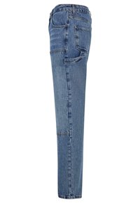 Lys blå denimjeans med rette ben, som har varierende stoffteksturer og sydd paneler på sidene. Fem-lomme-design.