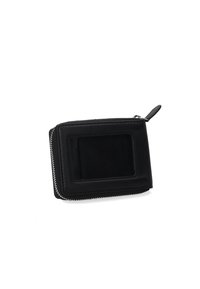 Black wallet made of leather with a zip closure, rectangular shape, smooth texture, and a transparent ID window on one side.
