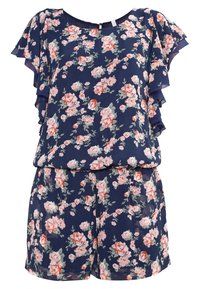 Combinaison courte bleu marine à motifs floraux roses et blancs, manches courtes volantées, encolure arrondie et taille élastique.