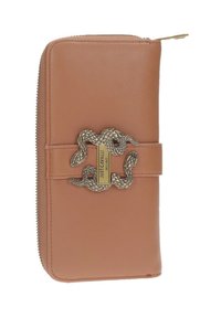 Brązowy skórzany portfel z złotym zapięciem w kształcie węża i logo "Just Cavalli Milano" z przodu, zapięcie na zamek po boku.