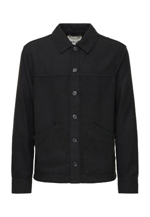 Schwarze, knöpffrontige Jacke aus strukturiertem Stoff. Merkmale sind ein spitzer Kragen, zwei vordere Taschen und ein klassischer Schnitt mit langen Ärmeln.