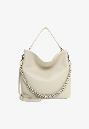 Kremowa torba hobo ze skóry z fakturowaną powierzchnią, ozdobą z plecionego łańcucha wzdłuż boku oraz pojedynczym paskiem na ramię.