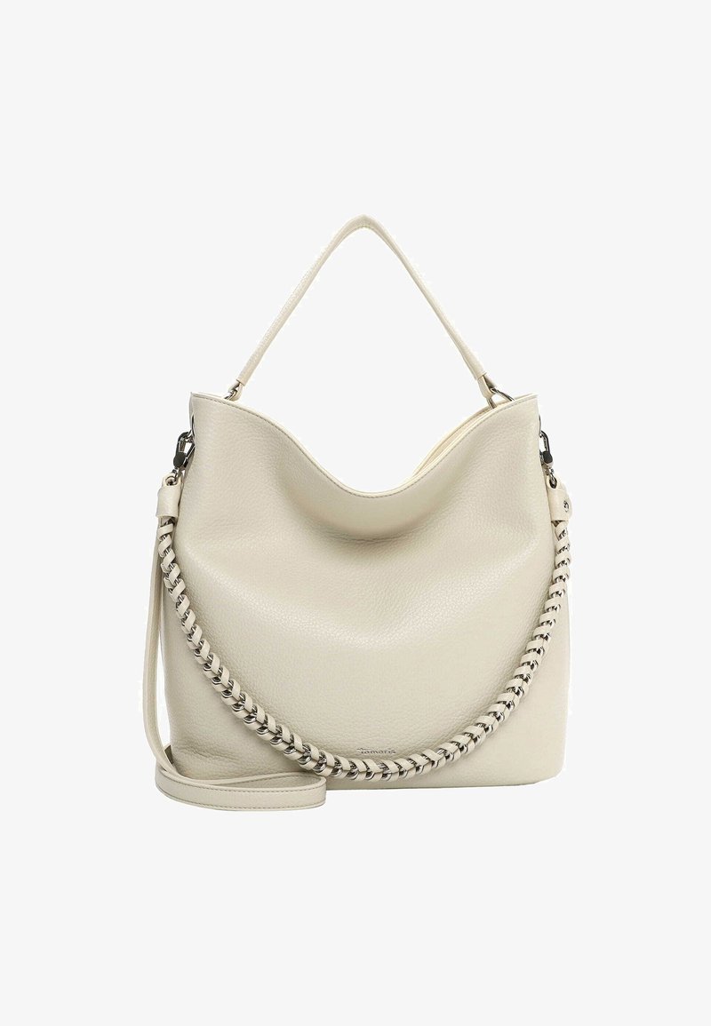 Kremowa torba hobo ze skóry z fakturowaną powierzchnią, ozdobą z plecionego łańcucha wzdłuż boku oraz pojedynczym paskiem na ramię.