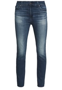 Tmavě modré džíny s úzkým střihem, které mají na přední straně mírně ošoupaný vzhled, jemné jemné záhyby a neupravený lem na kotníku. Klasický design s pěti kapsami.