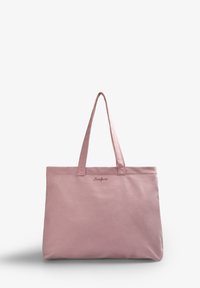 Borsa tote in canvas rosa con due manici, dotata di ricamo del logo sul davanti. La borsa ha una forma rettangolare strutturata e una texture liscia.