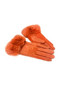 Guanti in suede arancio con un polsino in pelliccia arancione soffice. Caratteristiche includono una superficie testurizzata e design a cinque dita per una copertura completa della mano.