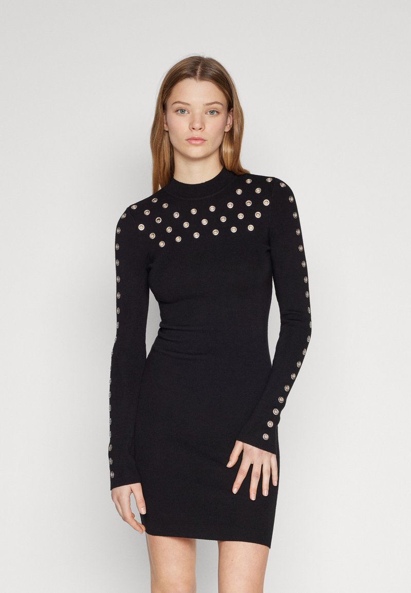 Even&Odd - EYELET INSERTS NESK AND SLEEVES PERKIN NECK MINI BODYCON DRESS - Obleka/pulover - black/silver, Povečajte