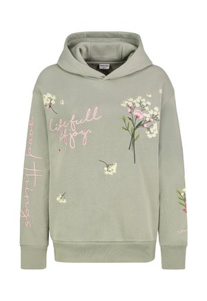 Light green hoodie with floral prints, pink script saying "life full of joy" on front and "Good Things" on left sleeve.