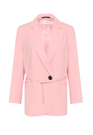Pink blazer with a notched lapel, single button closure, tied waist, and two front pockets. Smooth fabric with a slightly structured design.