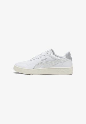 White leather sneakers with a smooth texture, rounded toe, lace-up design, and a grey accent at the heel. Featuring a subtle logo.