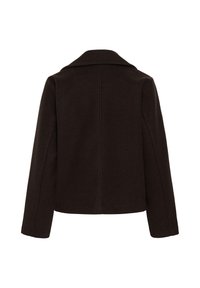 Veste en laine brun foncé à manches longues et col large, vue de dos sur fond blanc.