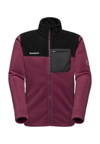 Polarowa kurtka z bordowym korpusem i czarnymi akcentami, z wysokim kołnierzem, pełnym zamkiem błyskawicznym oraz zamykaną na zamek kieszenią na piersi. Miękka w dotyku.