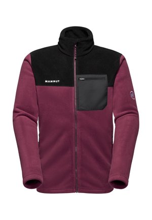 Giacca in pile con corpo color bordeaux e dettagli neri, collo alto, zip integrale e tasca sul petto con zip. Tessuto morbido.