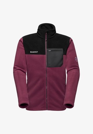 Fleecejack met een bordeauxrode body en zwarte accenten, hoge kraag, volledige ritssluiting en een borstzak met rits. Zachte textuur.