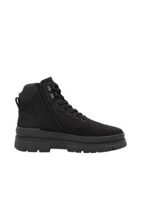 Stivali neri alla caviglia con texture in suede, dotati di una cerniera laterale e lacci sul davanti, suola nera robusta e motivo di battistrada resistente.