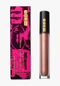 Lip gloss in a clear tube with a soft pink shimmer, packaged in a vibrant pink box featuring graphic designs and gold text accents.