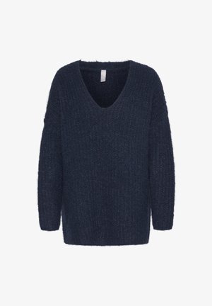 Dunkelblauer, flauschiger Pullover mit V-Ausschnitt, langen Ärmeln und lockerer Passform. Die Textur wirkt weich und warm, ideal für die Freizeit.