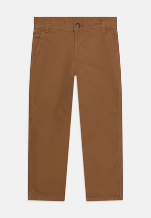 Brązowe bawełniane spodnie o prostym kroju, z zapięciem na guziki z przodu, dwoma bocznymi kieszeniami oraz prostymi detalami szwów.