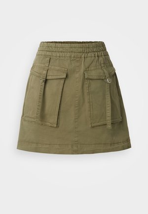 Olive green skirt made of cotton blend fabric, featuring an elastic waistband, two front pockets, and a straight hemline.