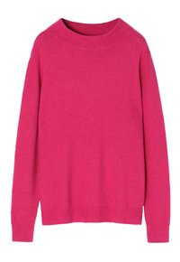 Fuchsia-pinker Pullover aus weichem Stoff, mit Rundhals, langen Ärmeln sowie gerippten Bündchen und Saum. Glatte Textur ohne Muster.